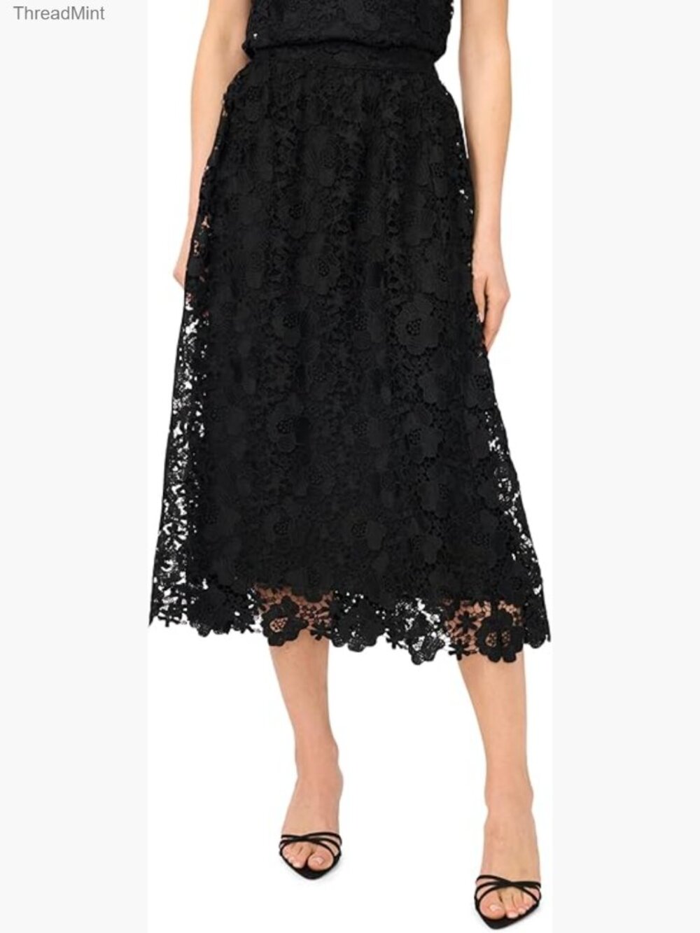 Midi Lace A-line Skirt - Elegant Floral Lace, High Rise, Zipper Closure